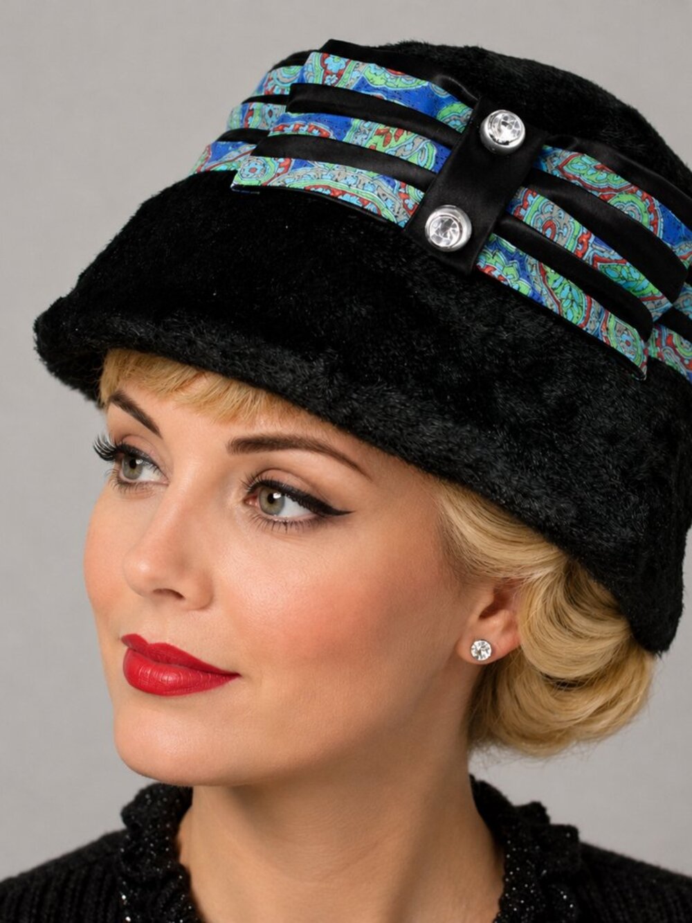 Vintage Black Plush Bucket Hat w Paisley Black Satin Trim and Bow - Hey Viv